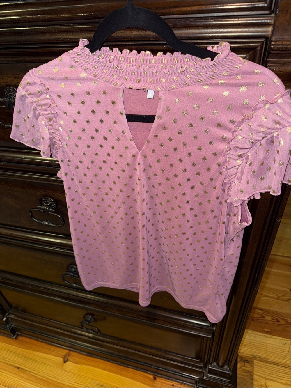 Smocked Neck Pink Short Sleeve Top with Gold Dot Detail